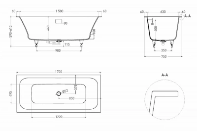 Ванна Salini Orlanda AXIS KIT S-Stone 103323MRF 170x75 белая/полностью RAL матовая