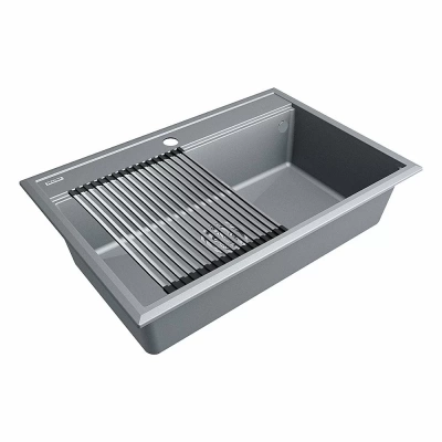 Кухонная мойка Paulmark STEPIA 80 + ролл-мат STEP PM117551-GRM+R375-BS серый металлик
