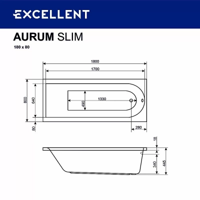 Ванна акриловая Excellent Aurum Slim HYDRO WAEX.AUR18S.HYDRO.CR 180x80 белая с гидромассажем