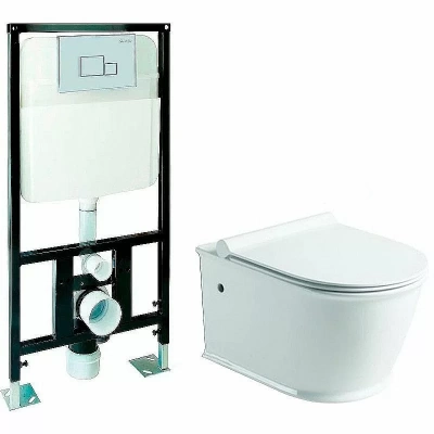 Унитаз подвесной SantiLine SL-5009 + SL-01 безободковый, с инсталляцией, с крышкой микролифт и кнопкой хром
