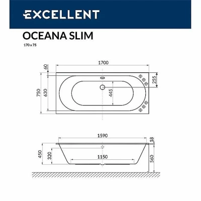 Ванна акриловая EXCELLENT Oceana Slim SOFT WAEX.OCE17S.SOFT.CR 170x75 белая с гидромассажем
