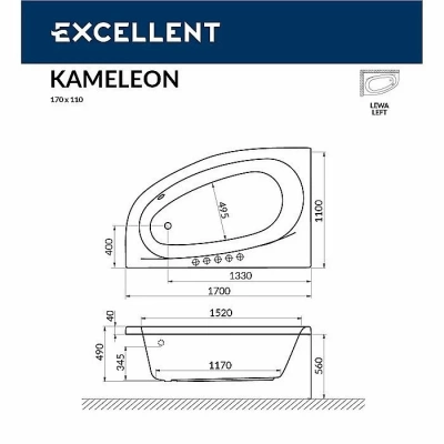 Ванна акриловая EXCELLENT Kameleon LINE WAEX.KML17.LINE.GL 170x110 белая с гидромассажем