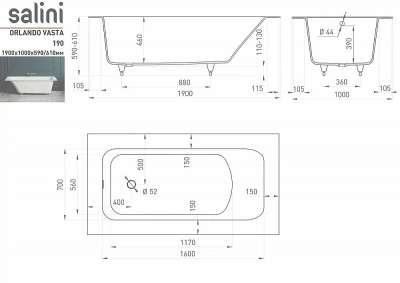 Ванна Salini Orlanda VASTA S-Sense Sapirit 190х100 RAL глянец